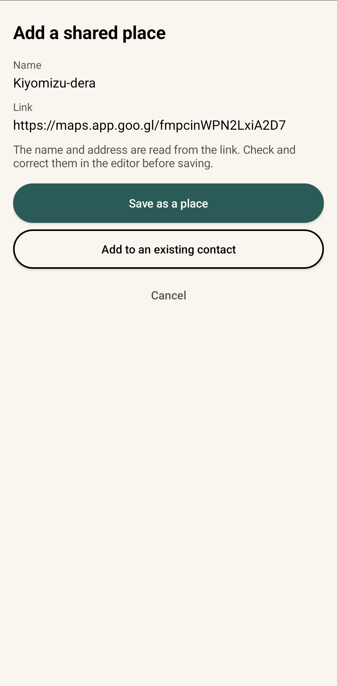 The Add a shared place screen showing the place name, a Google Maps link and the buttons Save as a place, Add to an existing contact and Cancel.