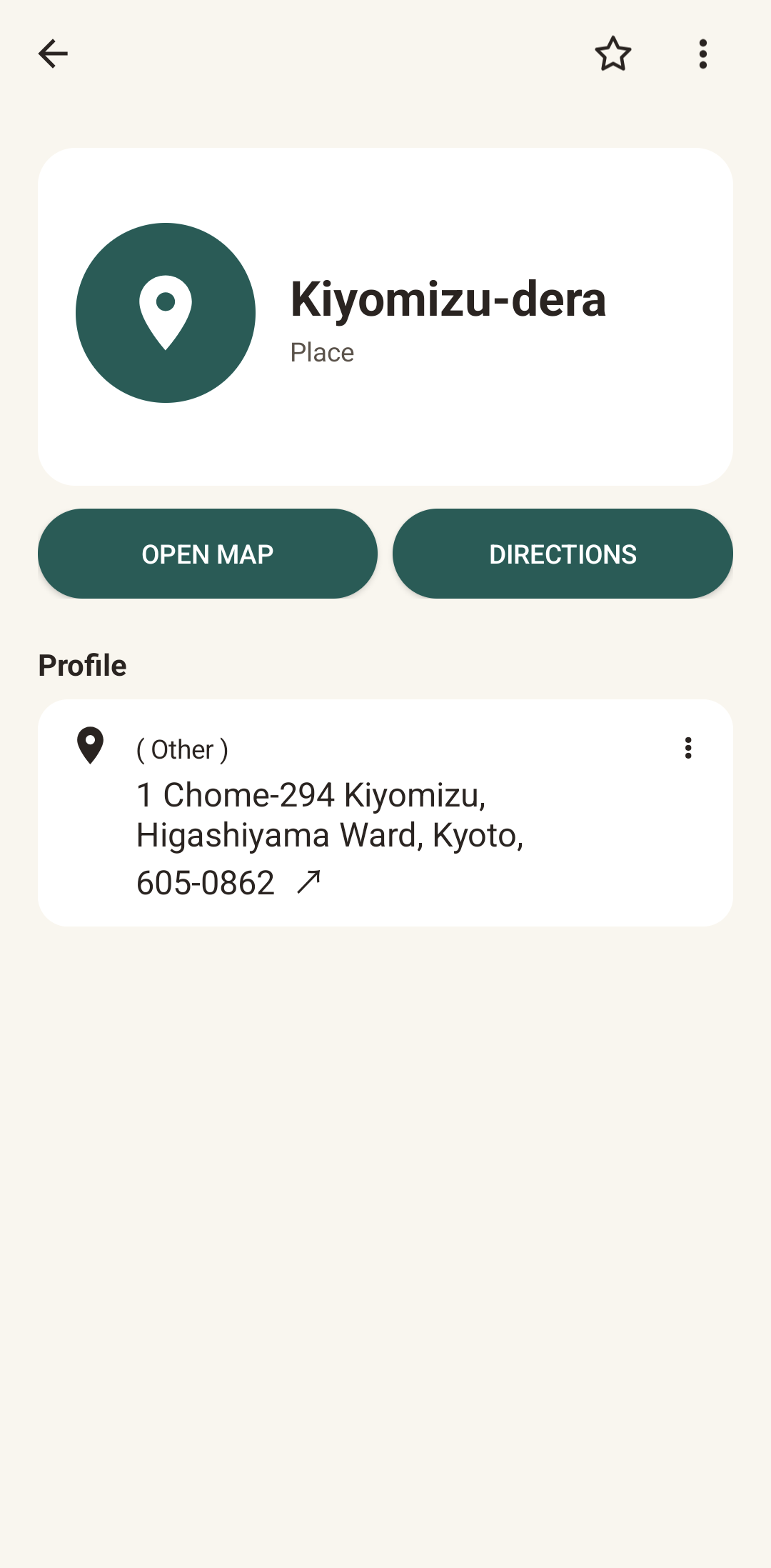 A saved place contact named Kiyomizu-dera, with the buttons Open map and Directions and the address on the profile.