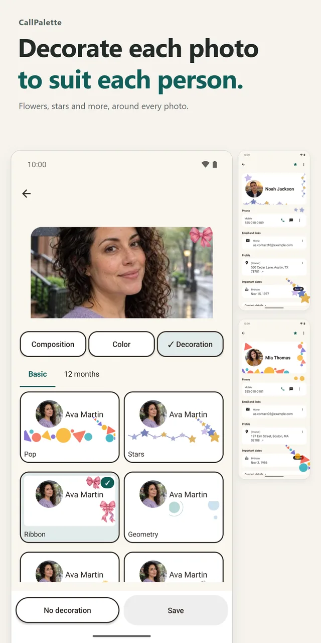 The Decoration picker with Pop, Stars, Ribbon and Geometry, next to two small contact detail screens. People in the photos are AI-generated.