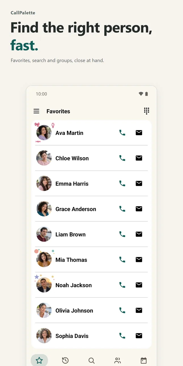The Favorites list with photos and call buttons, and the bottom bar with five tabs. People in the photos are AI-generated.