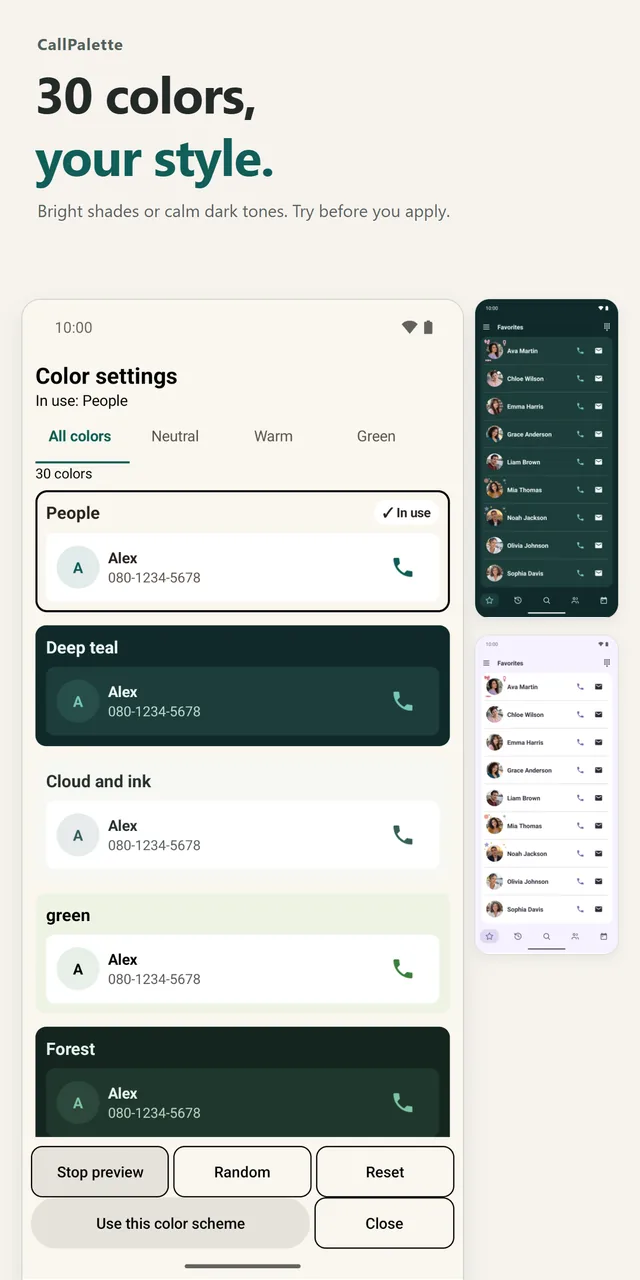 The color settings screen with a list of color themes and a Stop preview button.