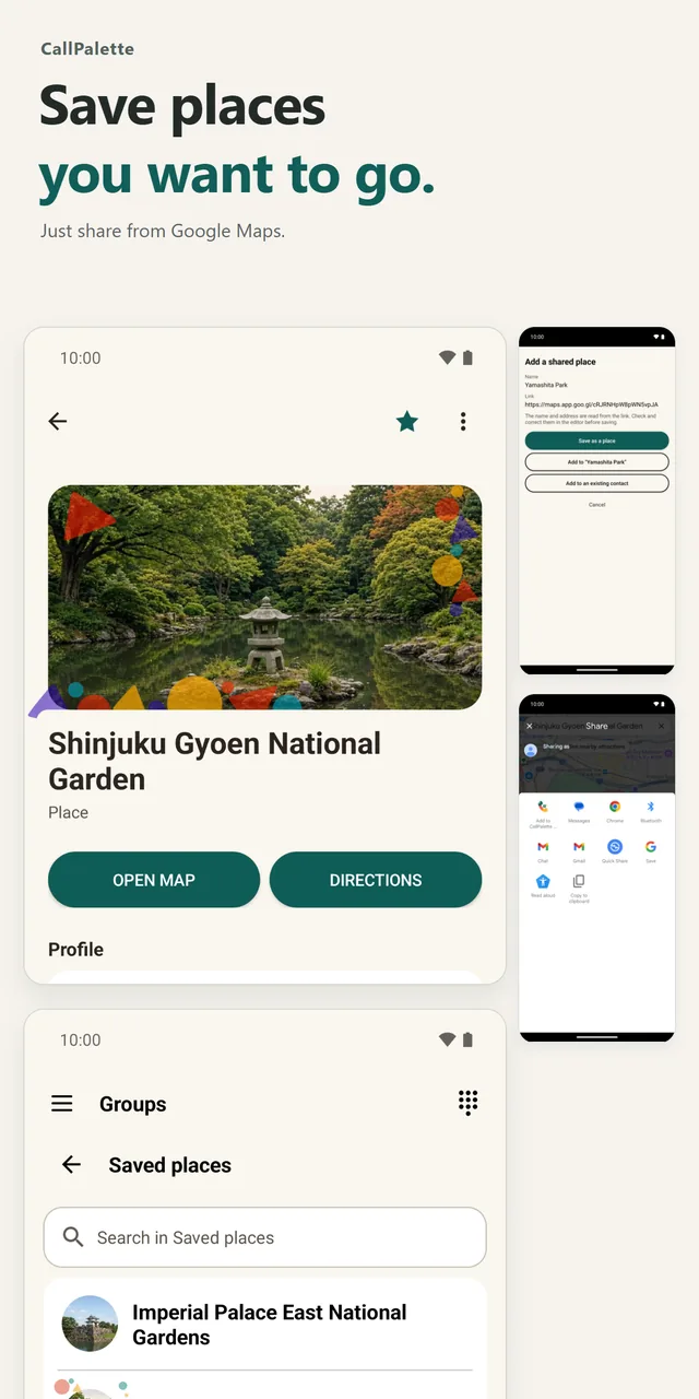 A saved place contact with the Open map and Directions buttons, and the Saved places group.