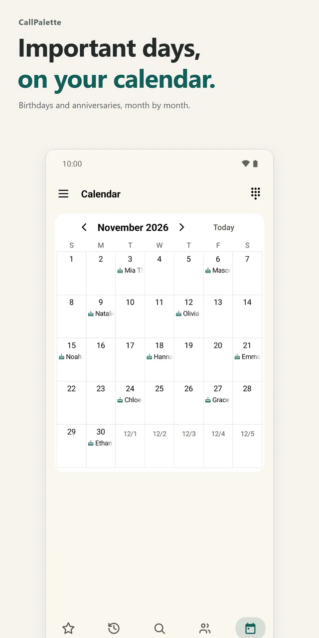 The monthly calendar with birthdays and anniversaries marked on their days.